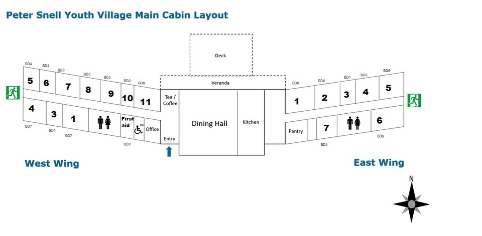 Cabin layout map showing the numbered dorms in the West and East wings around the dining hall